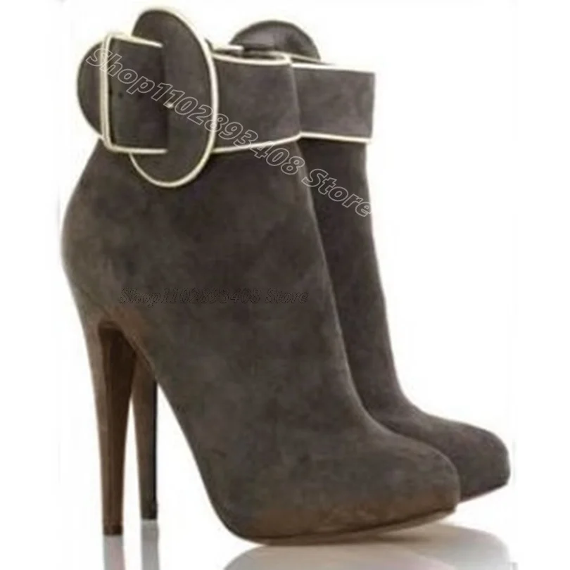 Женские ботильоны на шпильке серые из флока с боковой молнией и острым носком