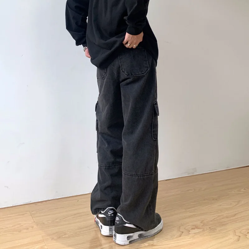 Street Retro Washed Loose Wide Leg Men Jeans Casual Style Overalls Big Pocket Daddy Pants Women's Retro Casual Pants streetwear