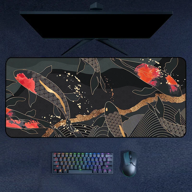 

Japanese Desk Mat koi Fish Mousepad Black Gold Large XXL Gaming Deskmat Minimal Marble Boho Chic Desk Decor Mouse Pad 900x400