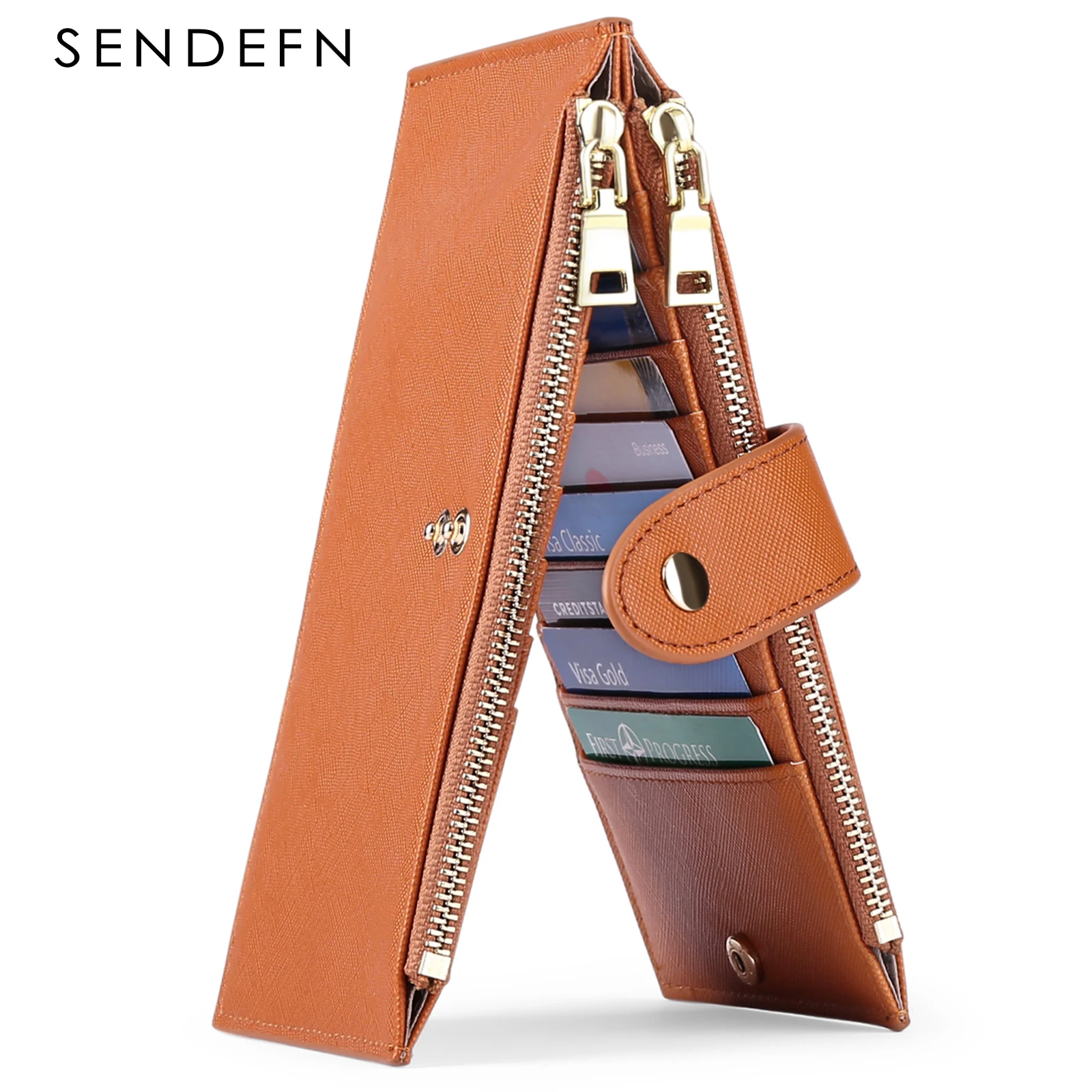 Genuine Leather Women Long Wallet Genuine Leather Coin Purse Solid Card Holder Accordion Card Slots Double Zipper Pocket