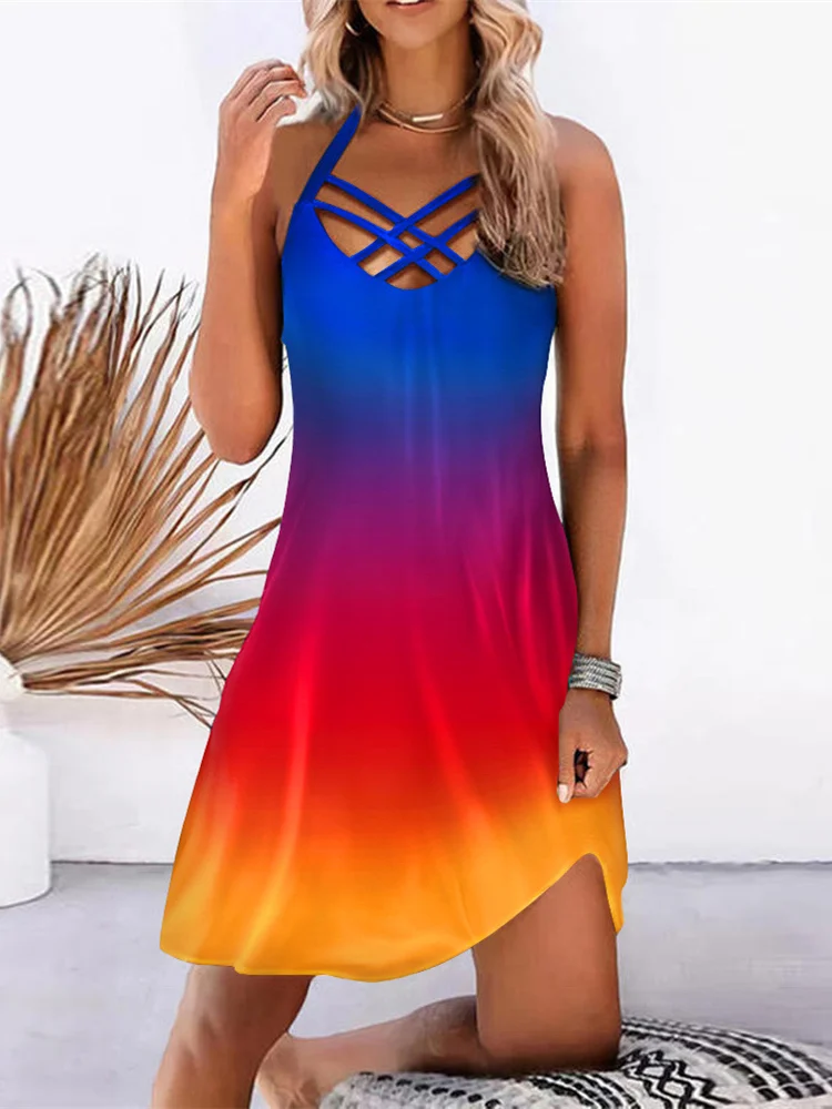 

Mandylandy Women Elegant Color Gradient Mini Dress Fashion Female Y2K Sleeveless Cross V Neck Sexy Dress Streetwear