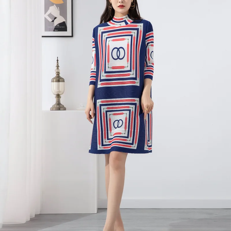 High-end pleated retro print oversized dress new summer temperament loose meat-covering half high-neck skirt
