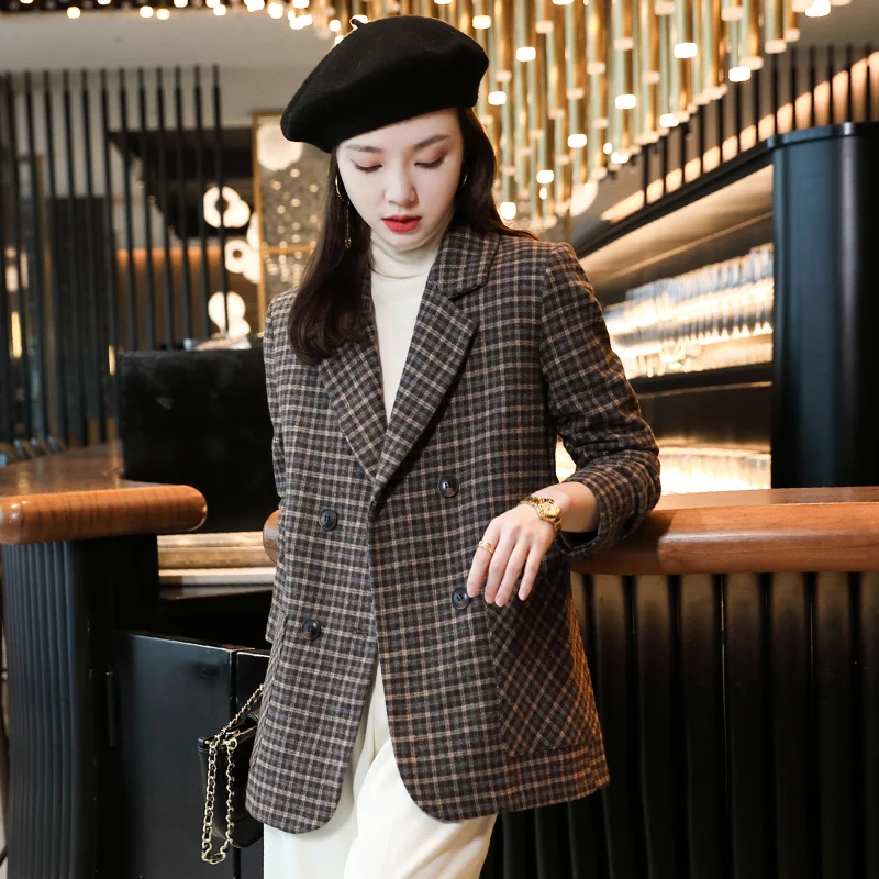 Spot wholesale black hooded suit coat (female) autumn 2022 new small Korean loose casual double breasted suit trendy top