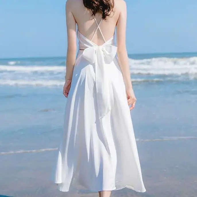 

Белое шифоновое платье для женщин, Летнее Длинное Платье на бретелях с открытой спиной, Пляжное платье для отдыха на море