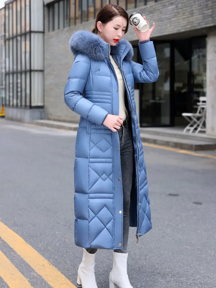 New Women Winter Down Coat Fashion Real Fox Fur Collar Thicken Warm Slim Lengthened Down Jacket White Duck Down Overcoat Female