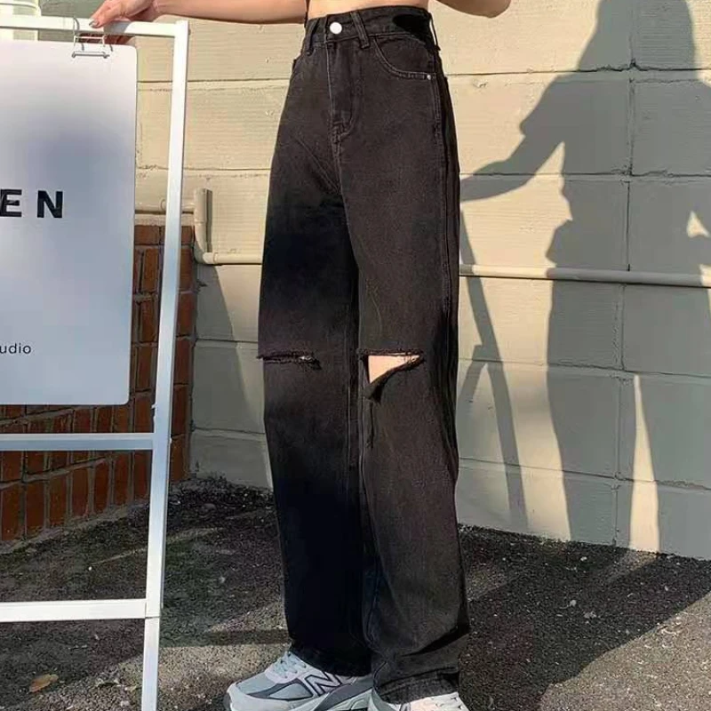 Women's Spring and Autumn 2021 New Loose Thin Drape Wide-leg Mopping Pants Black High-waist Ripped Straight-leg Classic Jeans