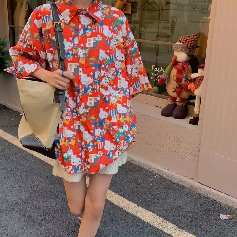 

Japanese Cartoon Cat Full Printed Cute Loose Shirts Women Blouse Tops Streetwear Oversized Harajuku Shirt Korean Casual Summer