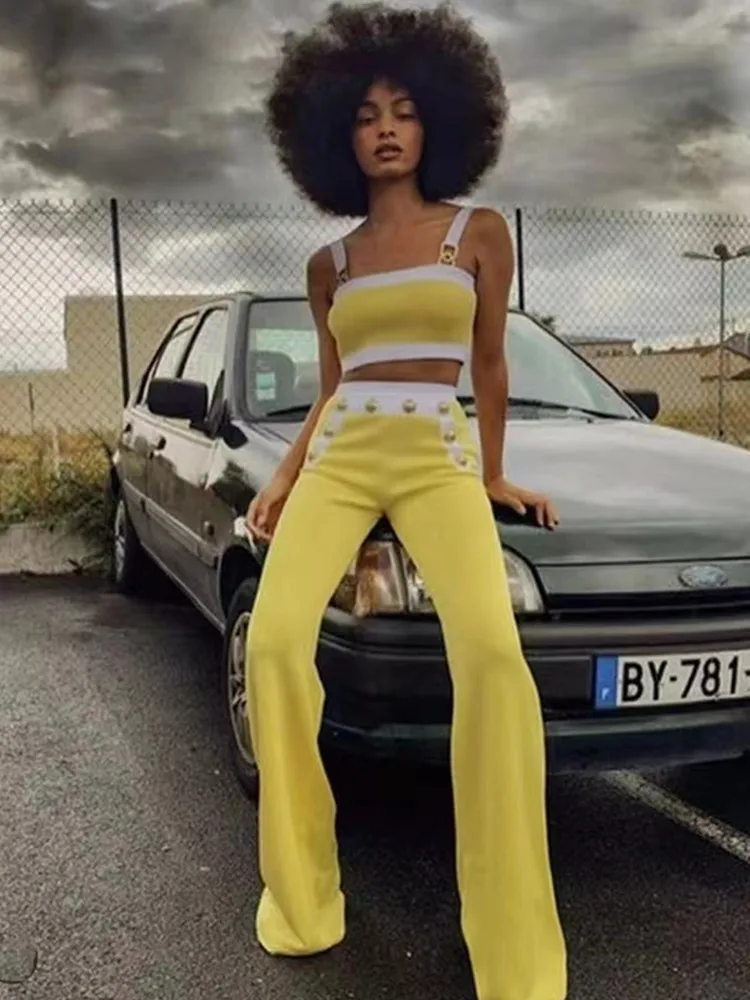 

New Women Summer Fashion Sexy Button Yellow Patchwork Two Piece Pants Bandage Set 2022 Celebrity Designer Pant Suits