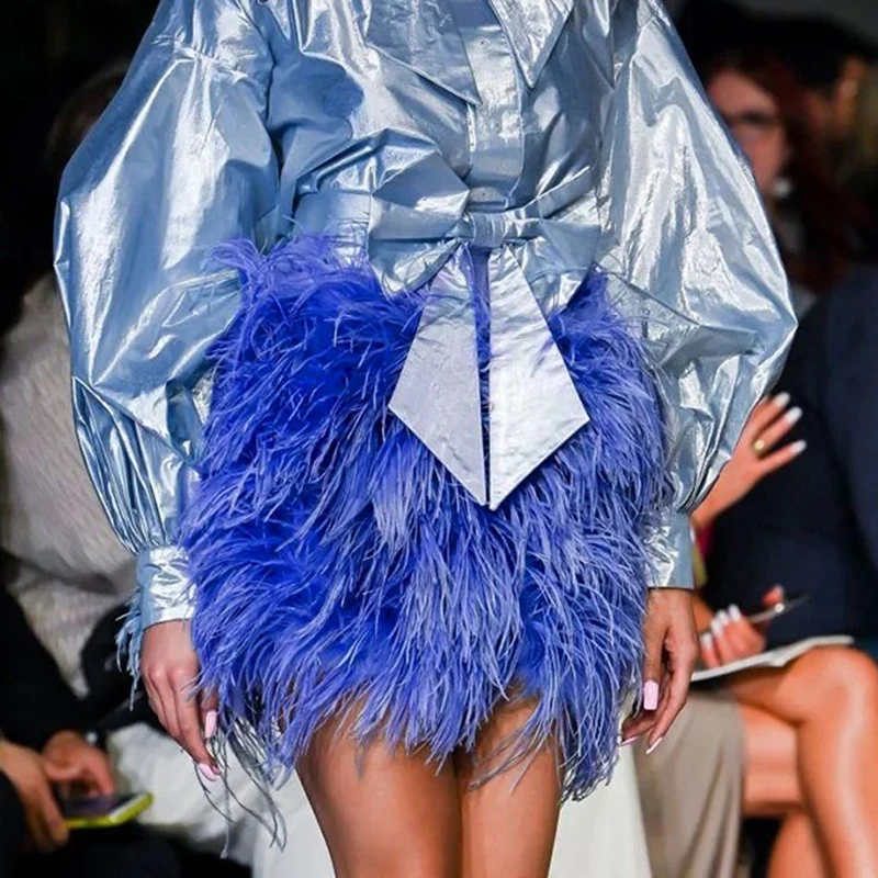 

Women Luxury Fur Skirt Feathers Outfits Fur High Waist Bodycon Skirts Party Clothes Ostrich Feather Mini Short Skirt