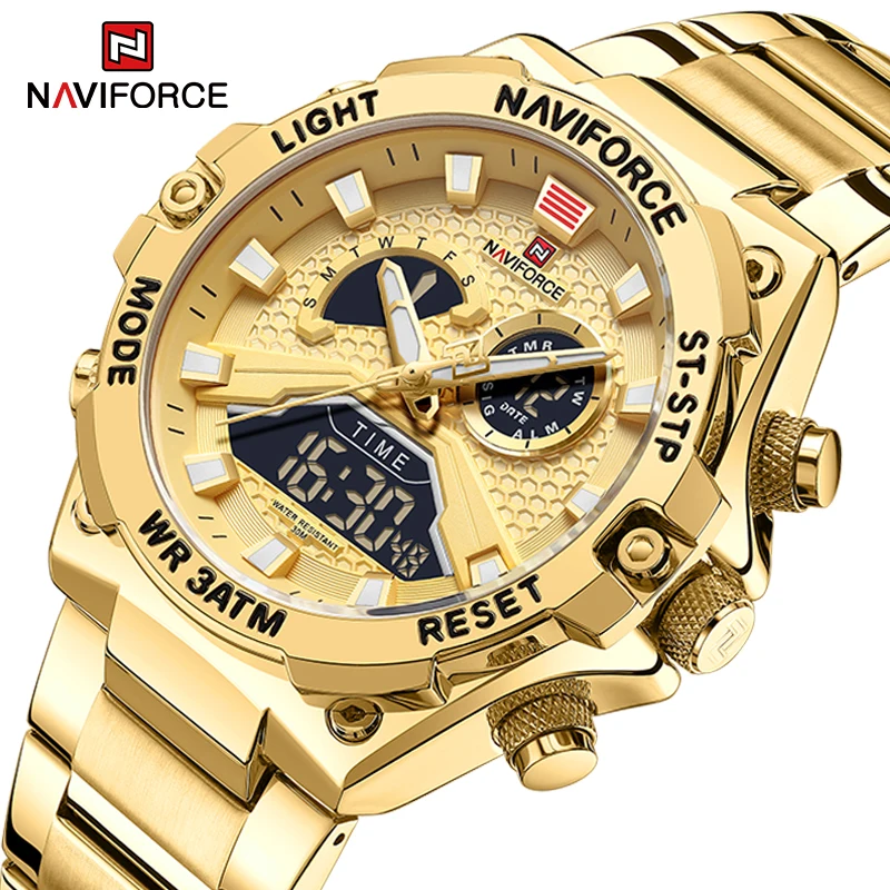 

Часы наручные NAVIFORCE Мужские кварцевые, роскошные брендовые светящиеся с ЖК-дисплеем, из нержавеющей стали
