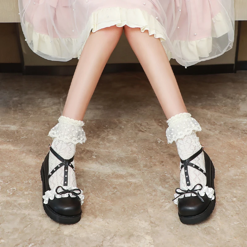 Women Fashion Flats Heel Bow Rivet Buckle Strap Platform Ruffles Round Toe Cosplay Elegant Mary Janes Shoes Lace Red Black White