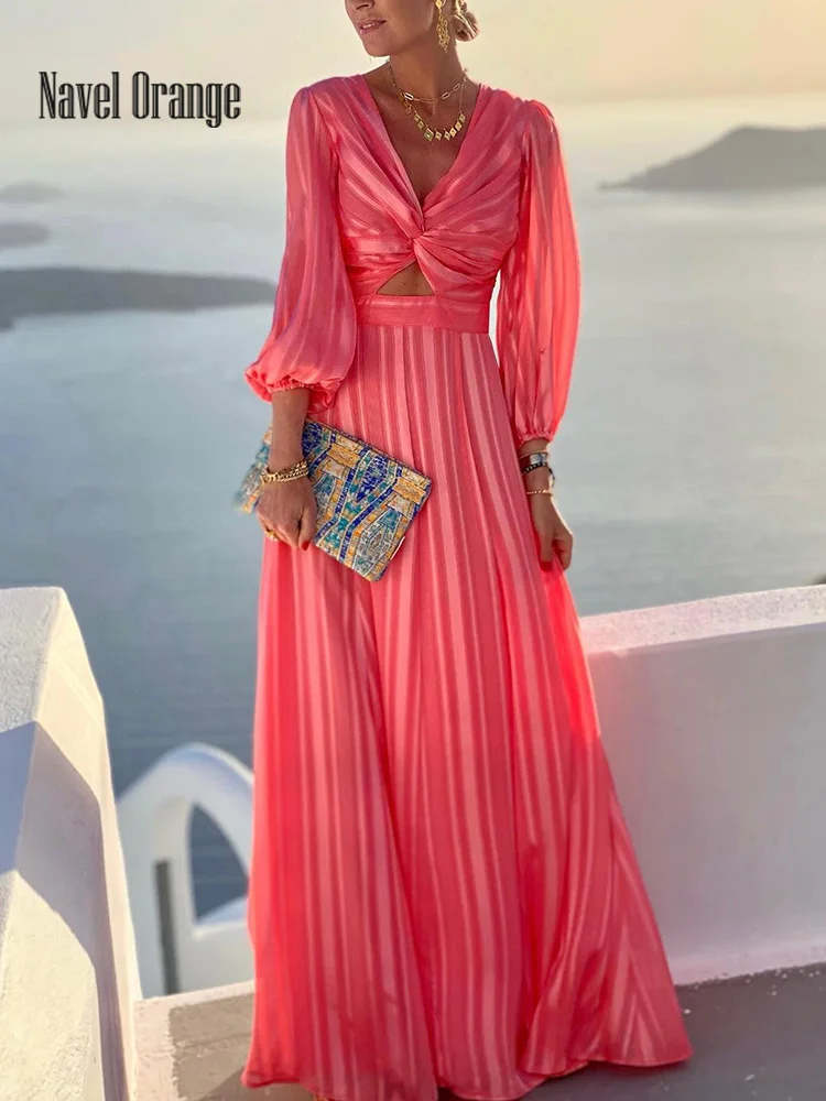 

Solid Hollow Out Sweet Women Maxi Dress Spring Autumn V-Neck Long Puff Sleeve Ladies Party Dress Vintage Loungewear Streetwear