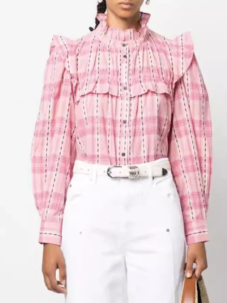 

Женская рубашка с оборками, розовая клетчатая однобортная Свободная блузка с длинным рукавом, в стиле ретро, для ранней осени, 2023