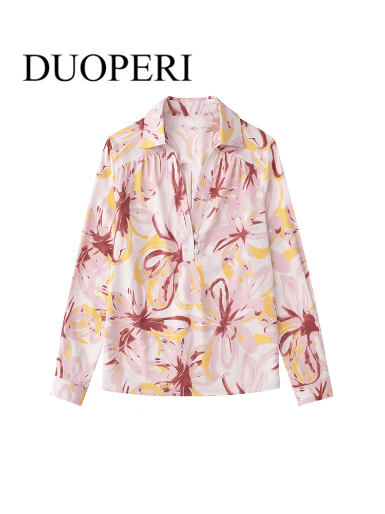 

DUOPERI Women Fashion Print Cotton Blouse Long Sleeves Female Chic Lady Vintage Shirts Outfits