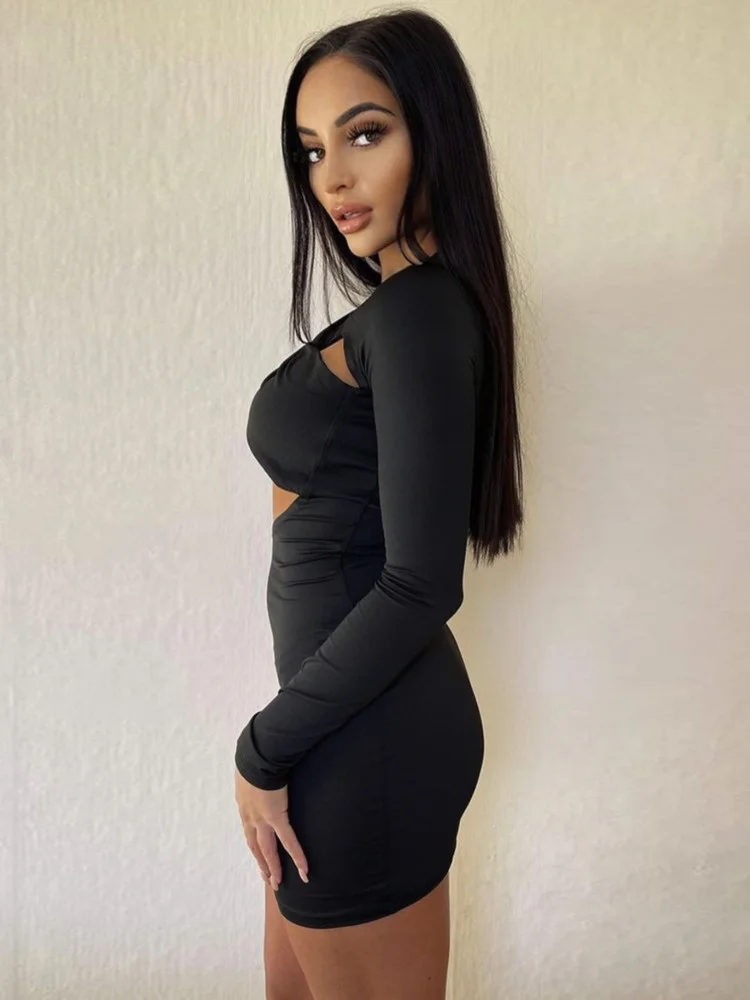 

Женское короткое платье с рюшами, Элегантное повседневное облегающее платье-мини с длинным рукавом, платье черного цвета с вырезами, осень 2023