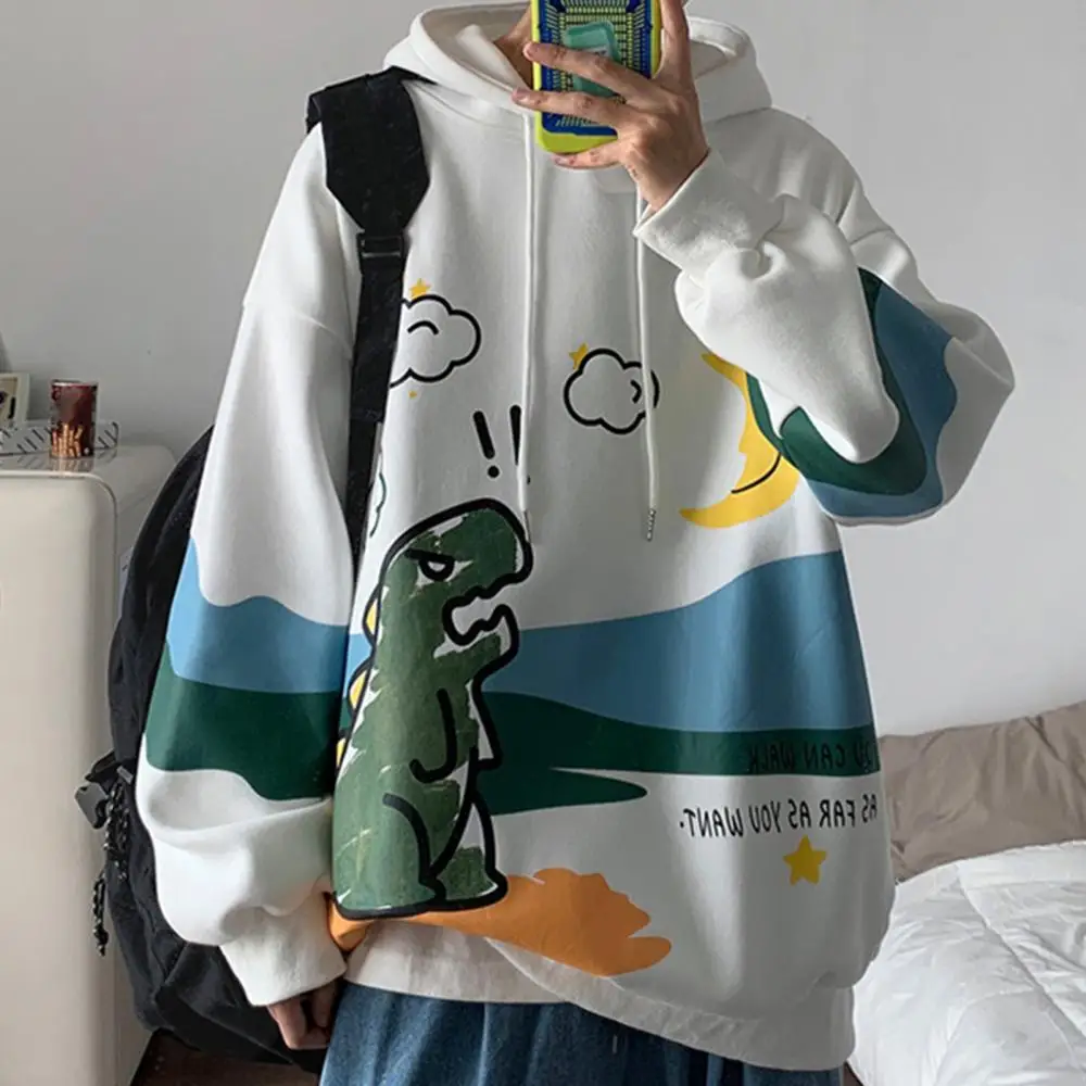 

Winter Loose Sweatshirt Pullover Long Sleeve Hoodie Men Cartoon Dinosaur Print Hoodie