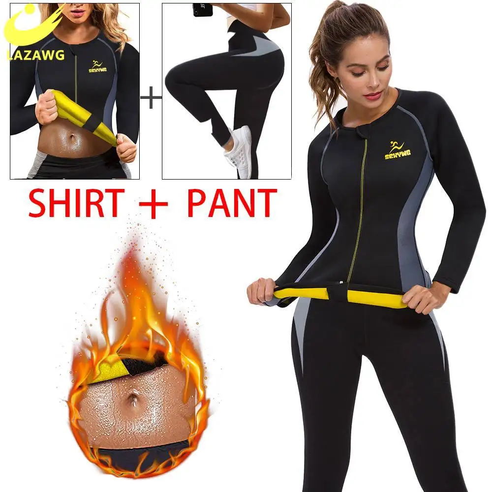 

LAZAWG Woman Sweat Shirts Hot Neoprene Body Shaper Gym Sauna Workout Tops Slimming Sweat Shirt Neoprene Leggings Trimmer Pants