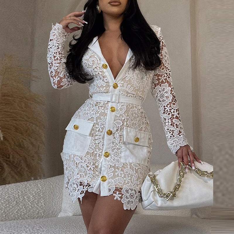 

Elegant Embroidery White Mini Dress Spring Autumn Single-Breasted Office Slim Fit Dress Women Lace Long Sleeve Temperament Dress