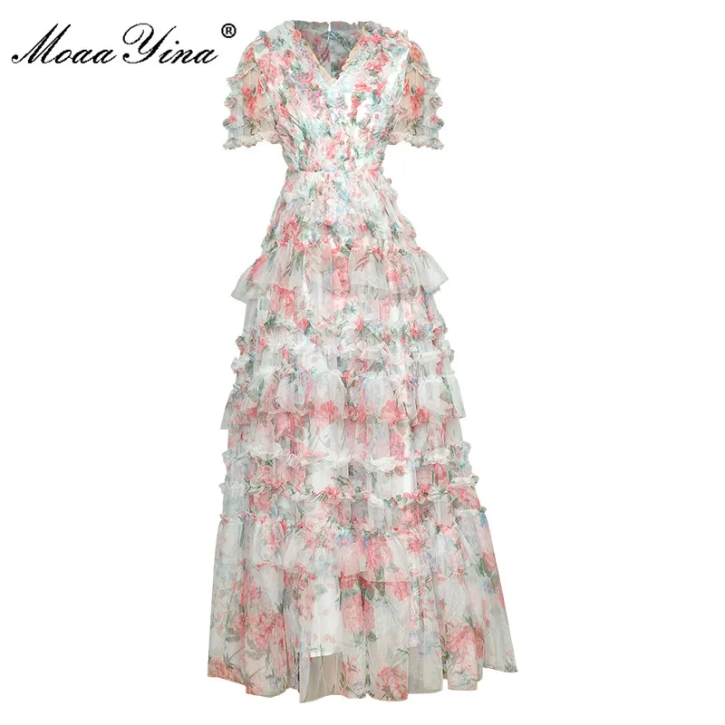 MoaaYina Fashion Designer Summer Mesh Dress Women Elegant V-neck Ruffles Short Sleeve Flower Printing Maxi Holiday Party Dress