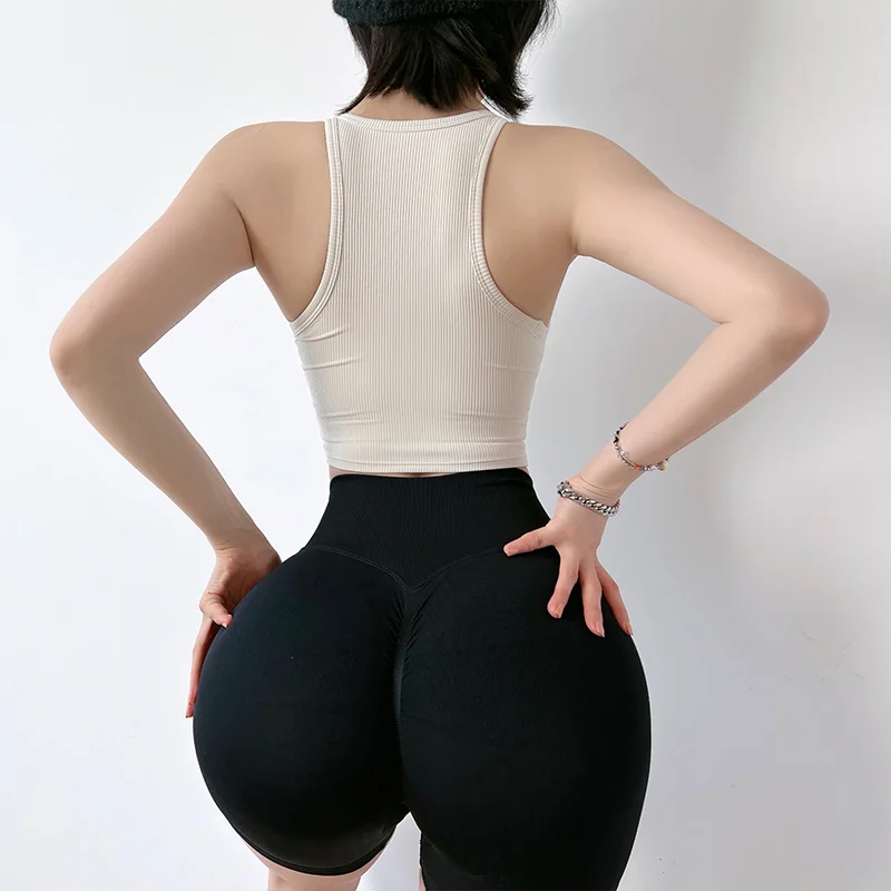 MITAOGIRL Spaghetti Straps Ribbed Yoga Vest with Chest Pad Shockproof Sports Vest for Women Tank Top Gym Fitness Vest Summer