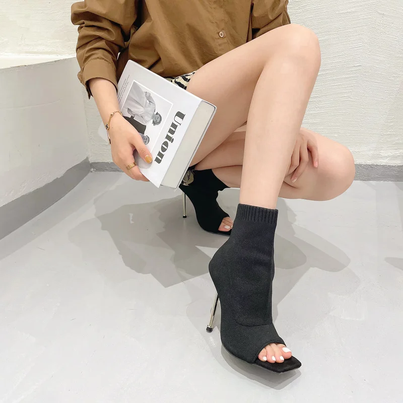 sock boot heels peep toe