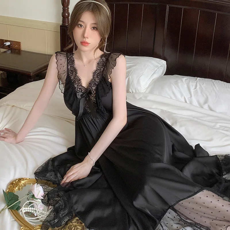 

Женская кружевная ночная рубашка, шелковая кружевная ночная рубашка без рукавов с V-образным вырезом и оборками, стильная ночная рубашка для пижамы, пикантная Дворцовая ледяная Пижама