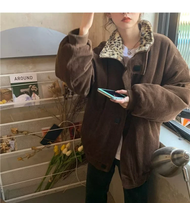 New2022 New Winter Leopard Patchwork Women Coat Corduroy Warm Loose Casual Jacket Female Outwear Elegant Tops