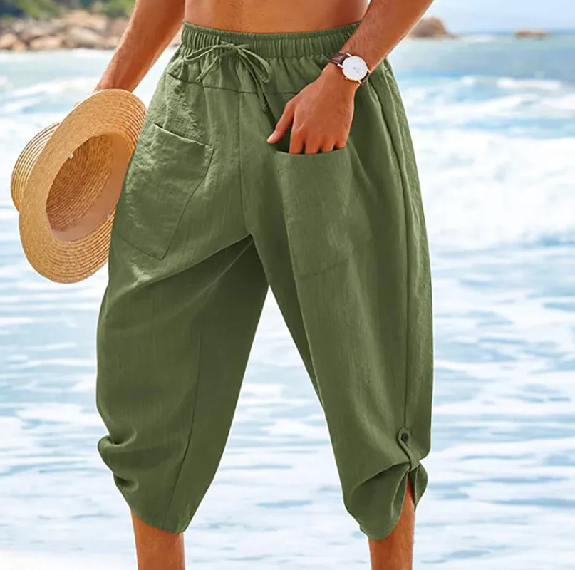 Summer Men's Beach Shorts Male Casual Solid Color Daily Streetwear Outdoor Knee Length Short Pant