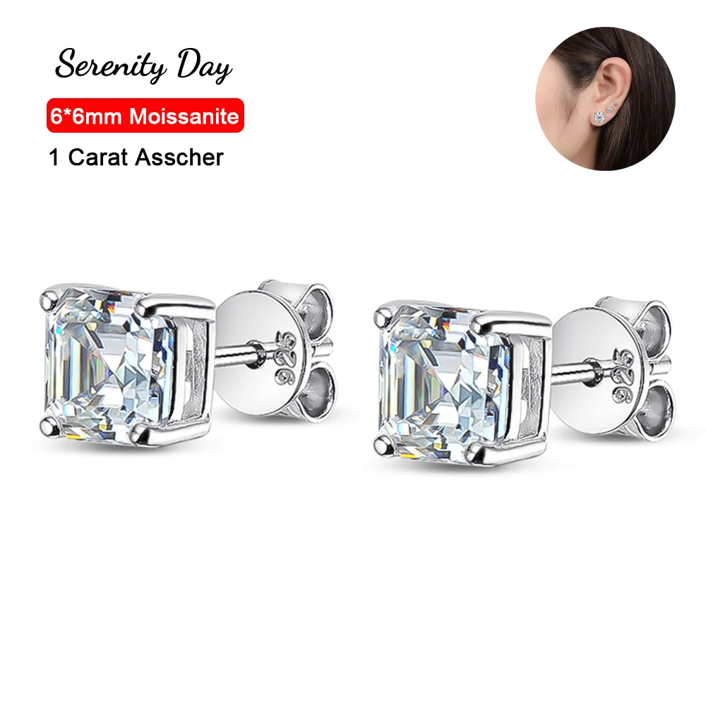 

Serenity Real D Color 6*6mm 1 Carat Asscher Moissanite Stud Earrings For Women S925 Sterling Silver Square Ear Jewelry Wholesale