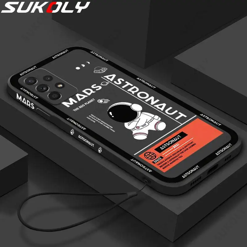 

For Samsung S22 Ultra S21 FE S20 S10 A52 A52s A72 A42 A53 A13 A73 5G Shockproof Cute Astronaut Silicone Lanyard Phone Case Cover