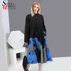 Новинка, модное женское осеннее винтажное платье-рубашка с длинными рукавами и принтом черного и синего цвета, Повседневное платье средней длины с карманами, Robe Femme 6508