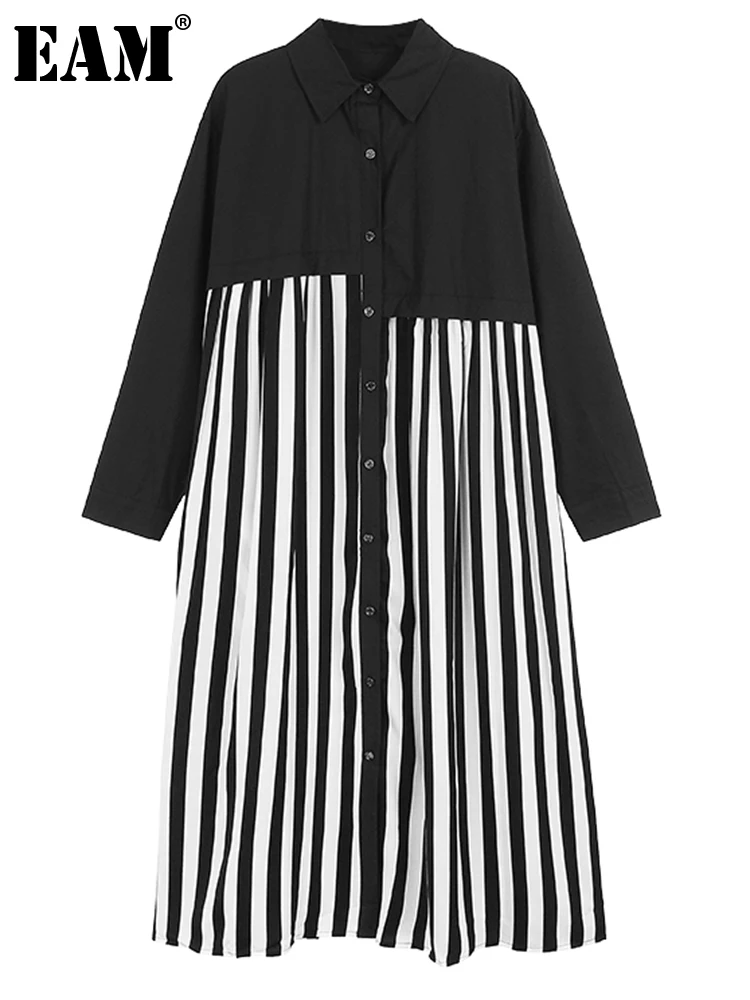 

[EAM] Women Black Striped Big Size Midi Shirt Dress New Lapel Long Sleeve Loose Fit Fashion Tide Spring Autumn 2023 1DH0404