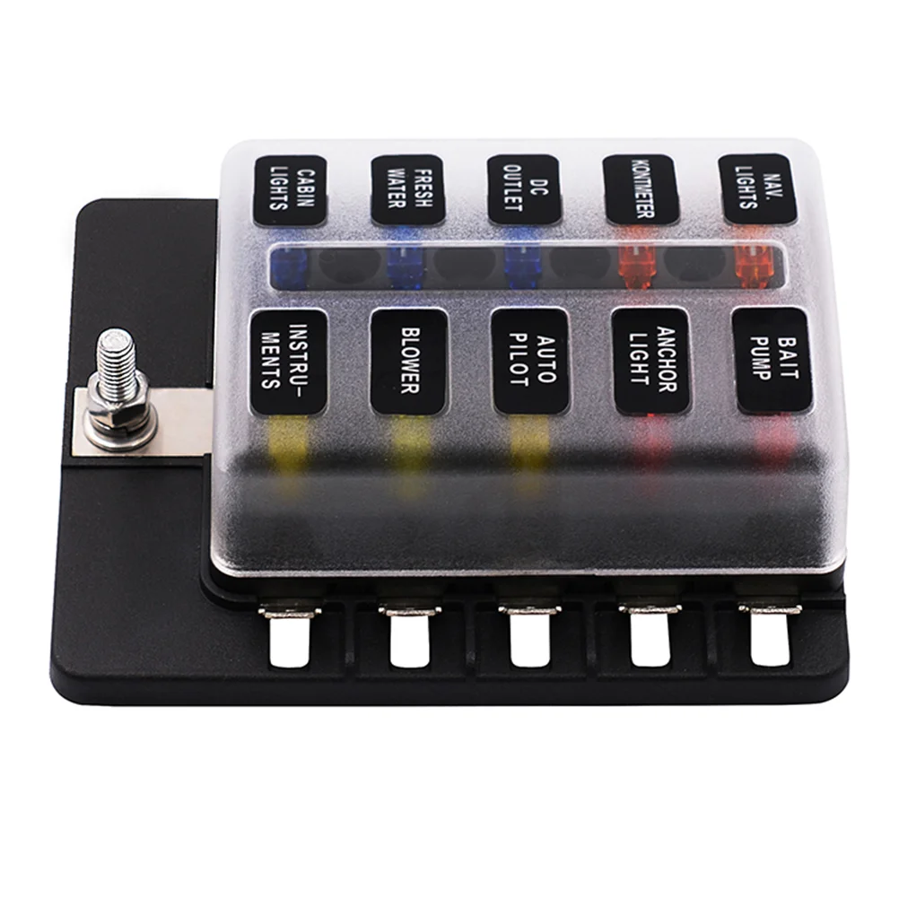 

12-32V PC Terminal Block Car RV 1 In 10 Out Fuse Box with LED Fuse Box (Black)