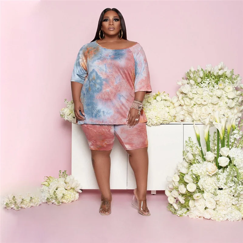 Plus Size Two Piece Set Women Wholesale Shorts Sets Tie Dye Casual Tshirt Crop Top and Short Pants Summer Tra 3xl 4xl 5xl 6xl