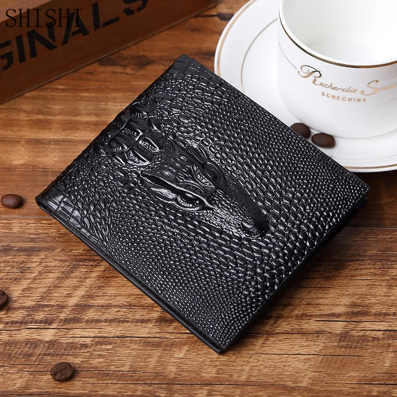 Luxury PU Leather Men's Wallet Alligator Crocodile Head Short Wallet Credit Card Holder Coin Bag Purses Men Textured Wallet
