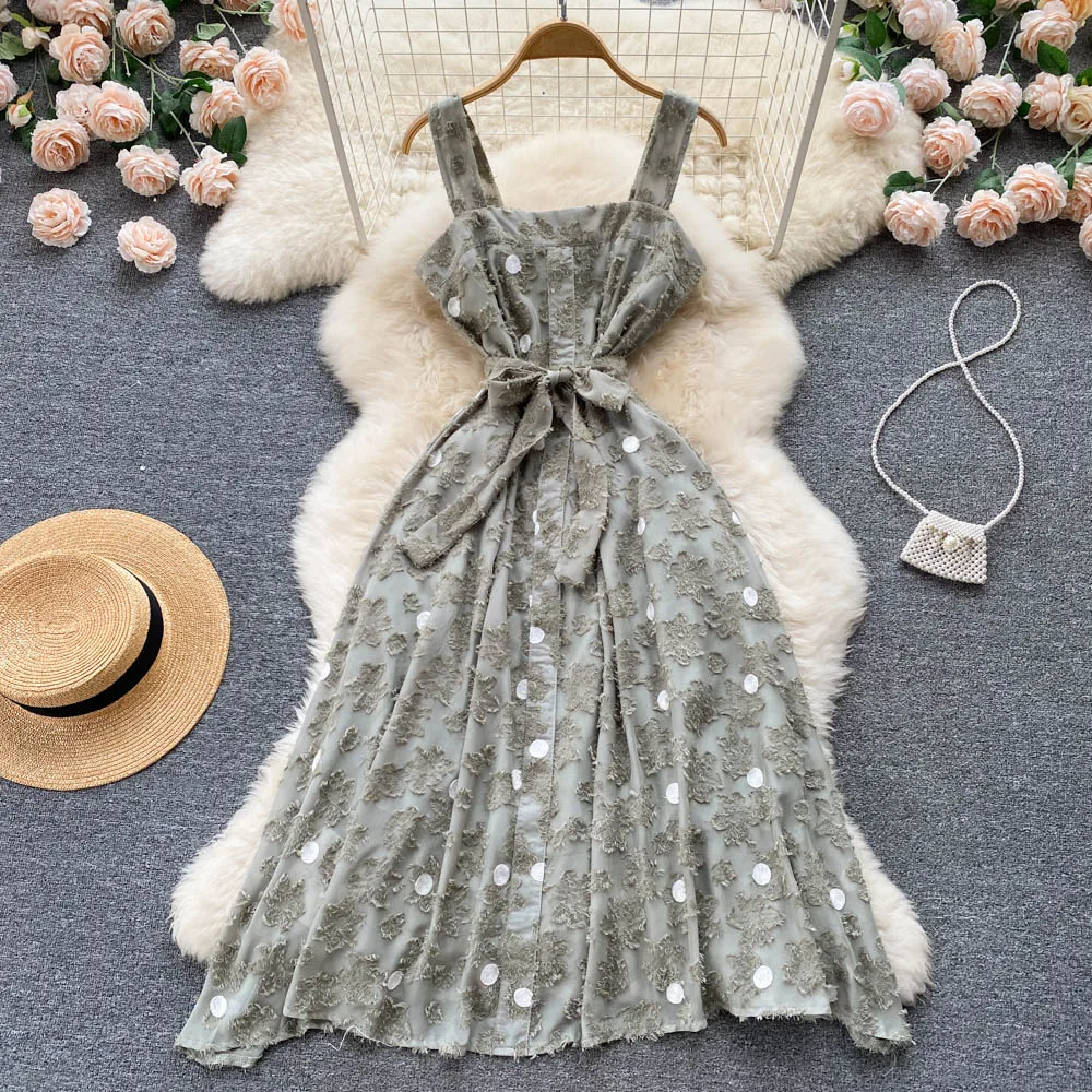 

Платье женское ТРАПЕЦИЕВИДНОЕ с квадратным вырезом, модная винтажная одежда во французском стиле, с завязкой на талии, без рукавов, G423, лето