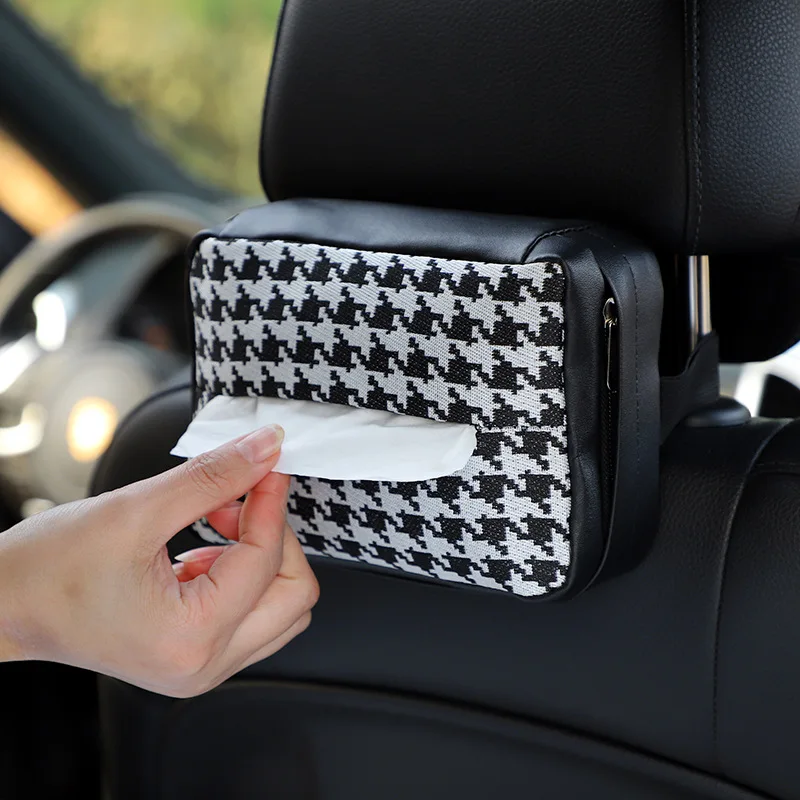 

New Thousand Bird Grid Car Tissue Box Leather Car Hanging Multifunctional Carton Fashion Car Interior Supplies