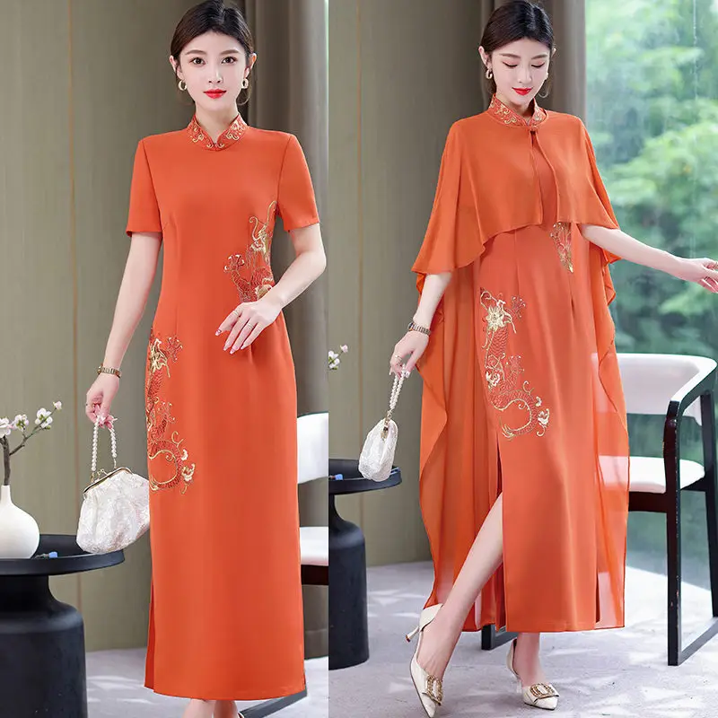 Stage Costumes Long High-End Slim And Elegant Shawl Gauze Catwalk Cheongsam Women's Dress Fashion Chinese Style Clothing h1708