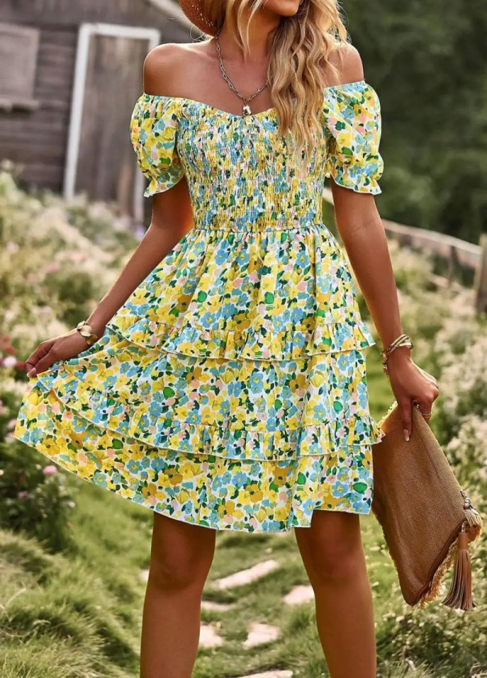 

Woman Sexy One Offf Shoulder Dress 2023 Summer Print Puff Sleeve Midi Dresses Fashion Elastic Waist Ruched Cake Mini Dress