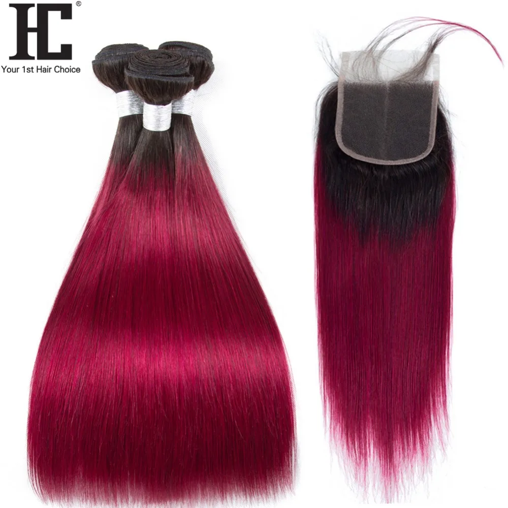 HC Ombre Brazilian Hair Weave 3 Bundles With Closure 4x4 Red 1B/Burgundy Remy Straight Human Hair Bundles With Lace Closure