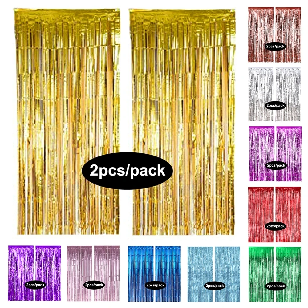 

2 Pack Foil Curtain Silver Black Gold Rose Gold Glitter Shimmer Fringer Curtains for Birthday Wedding Party Backdrop Decorations