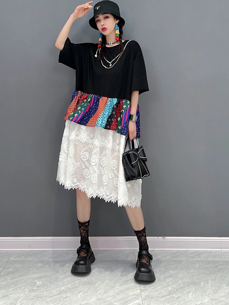 

SuperAen 2022 Summer New Patchwork Lace All Match Retro Slim O-Neck A-LINE Casual Mid-Calf Dress for Women