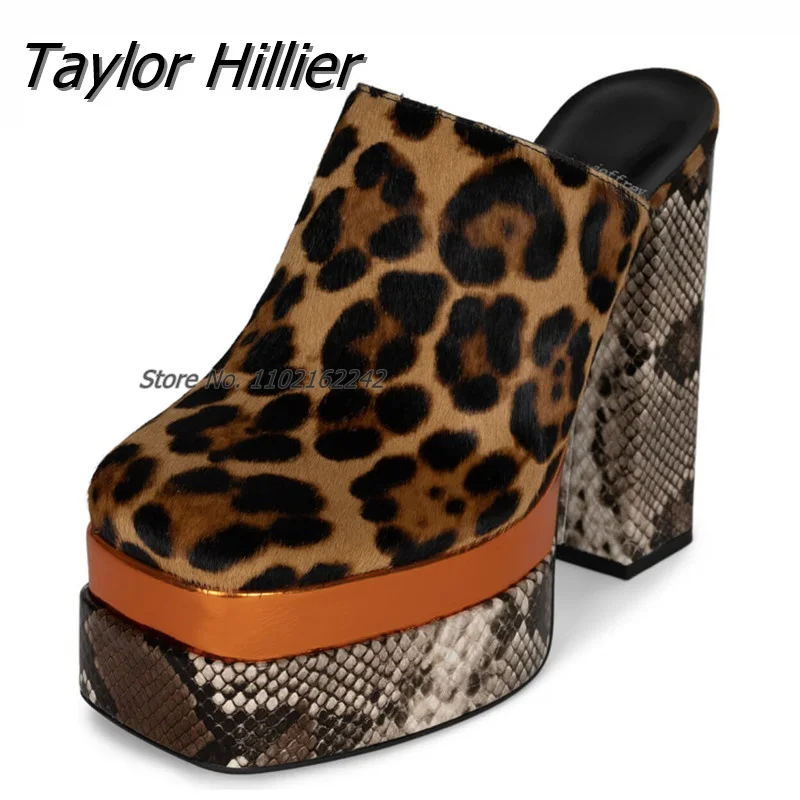

Brand Design Snake Print Thick Sole Leopard Print Round Toe Pumps Slippers Thick Heel Sexy Pattern Nightclub Slippers Women'S