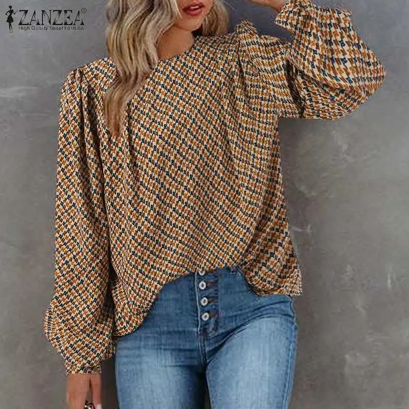 

Casual Printed Blouse Women Long Puff Sleeve O Neck Blusas Bohemian Shirt 2022 ZANZEA Spring Tunic Tops Chemise Mujer Oversized