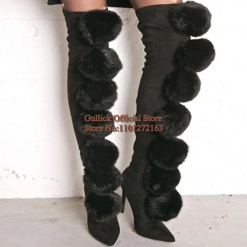 Женские зимние высокие сапоги на высоком каблуке с помпоном розовые черные