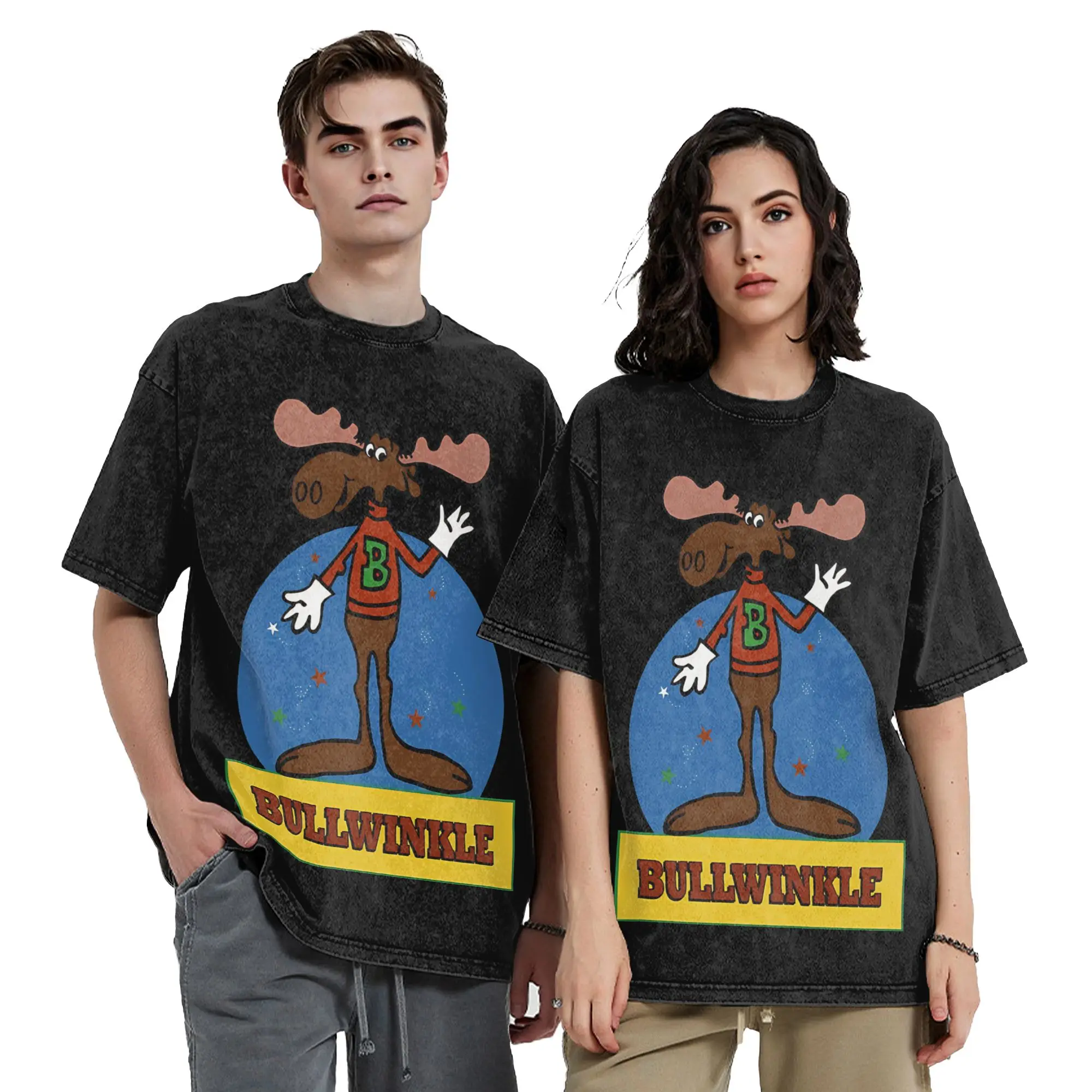 Фото Футболки Rockys Bullwinkles Outfit с эффектом потертости для мужчин и женщин, уличная одежда в стиле хип-хоп, летние футболки, 100% хлопок. №4