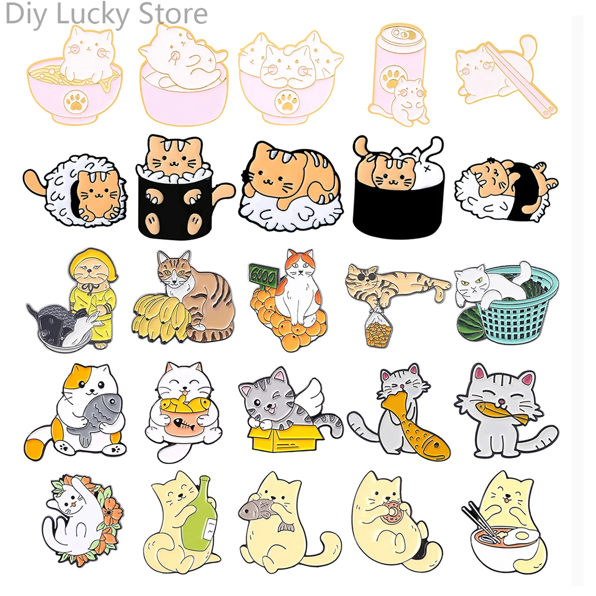 

Cartoon Cute Cat Pin Cat Eat Fish Sushi Noodles Cat Animal Alloy Backpack Clothing Accessories Enamel Lapel Pins Brooches Badge