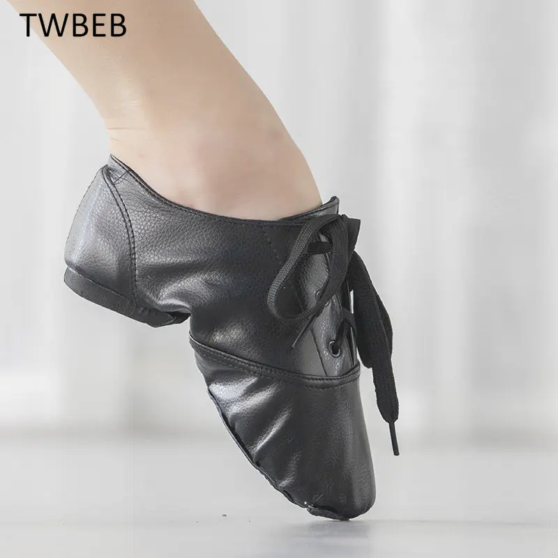 

Fashion Unisex Lace-up Jazz Shoes Leather with Neoprene Suede Split-sole Cushioned Heel Women Men Jazz Salsa Dance Shoes