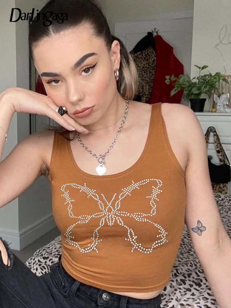 

Darlingaga Y2K Fairycore Grunge Butterfly Rhinestones Summer Vest Crop Tops Retro Fashion Skinny Cute Tank Tops Women Aesthetic