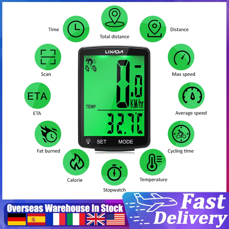 

LIXADA Wireless Bike Computer Mountain Bike Speedometer IPX6 Waterproof Temperature Measuring Stopwatch Cycling Accessories